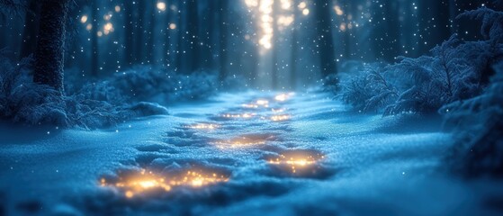 Obraz premium A Snowy Forest Path Illuminated by Glowing Lights