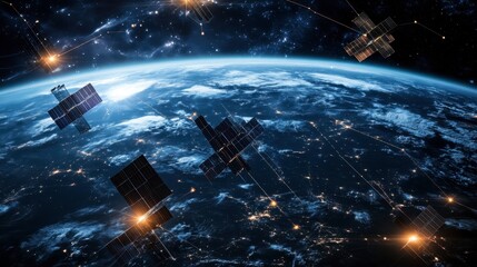 Obraz premium A group of satellites in geostationary orbit, forming a communication network around the planet.