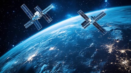 Obraz premium A group of satellites in geostationary orbit, forming a communication network around the planet.