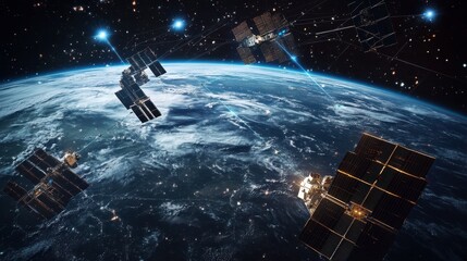 A group of satellites in geostationary orbit, forming a communication network around the planet.