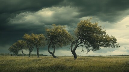 Fototapeta premium A group of trees in a field during a storm, with wind bending their branches and dark clouds overhead.