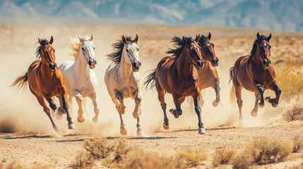 A group of wild horses running across a desert plain, kicking up dust as they move.