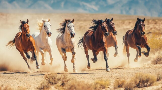 A group of wild horses running across a desert plain, kicking up dust as they move.