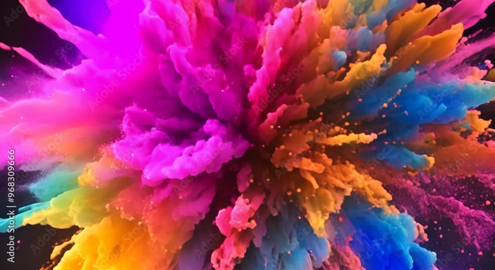 Poster explosion of bright colorful paint on black background burst of multicolored powder abstract pattern