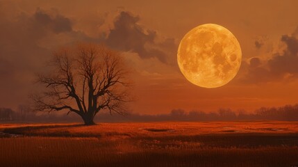 A harvest Moon low on the horizon, glowing orange and large in the twilight sky.