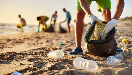 people with gloved hands picking up plastic bottles on a sandy beach
