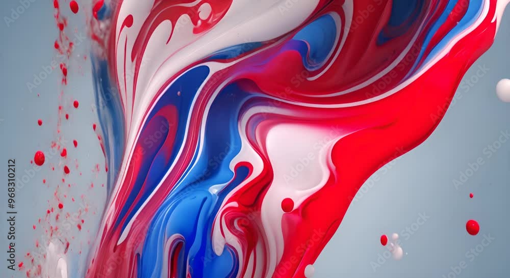 Poster mix of red white blue color paints with blended drops on fluid while forming abstract patterns again