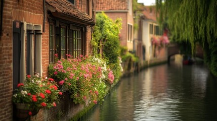 A house with a small garden by the canal, flowers blooming along the water edge.