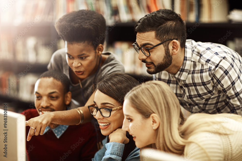 Aufkleber college, people and research with computer in library for education, website or online test results.