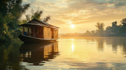 Fototapeta premium A houseboat floating on a calm river, with the sun setting in the background.