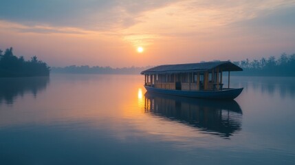 Obraz premium A houseboat floating on a calm river, with the sun setting in the background.