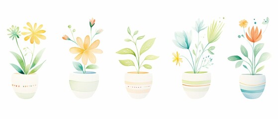 A collection of colorful, artistic plant illustrations showcasing vibrant flowers in decorative pots.