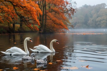 Three swans are swimming in a lake with leaves floating on the surface