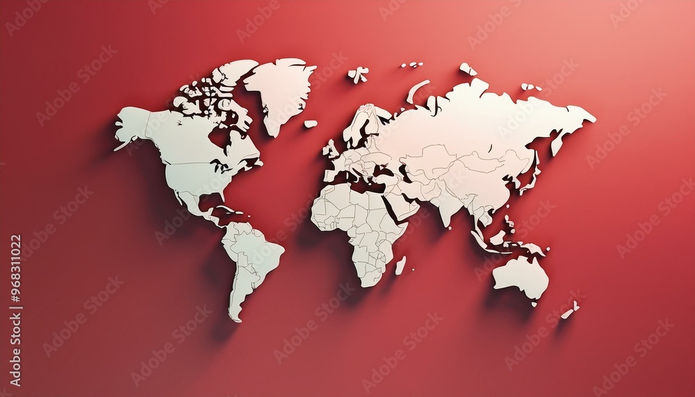 Poster minimalistic 3d world map on a soft red and white gradient background