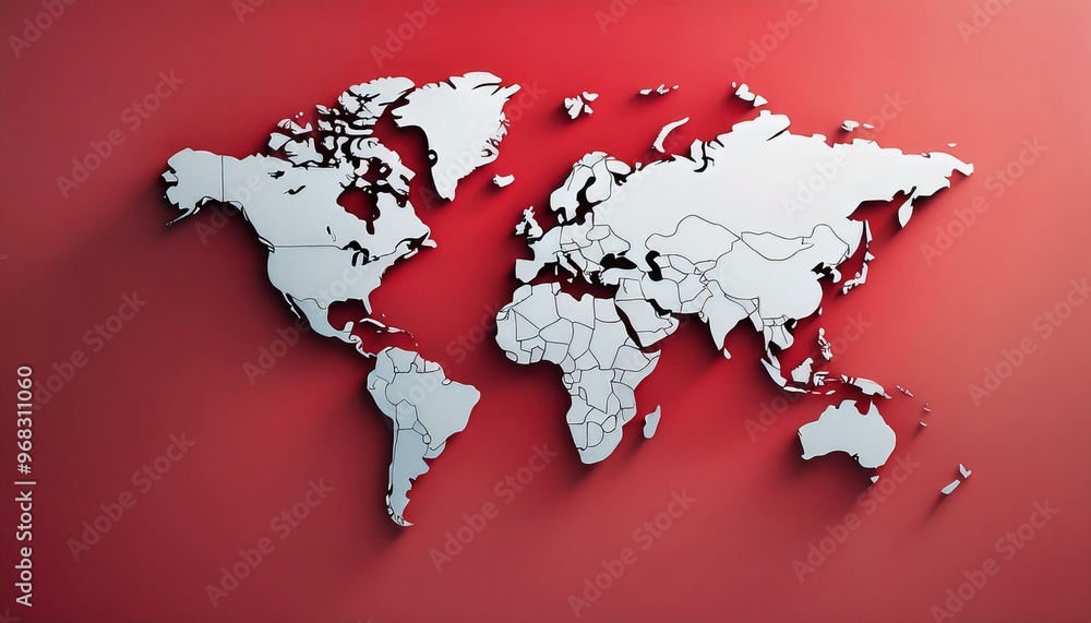 Poster minimalistic 3d world map on a soft red and white gradient background