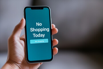 Hand holding smartphone with "No Shopping Today" displayed on screen. Concept of Buy Nothing Day, digital protest, and minimalism