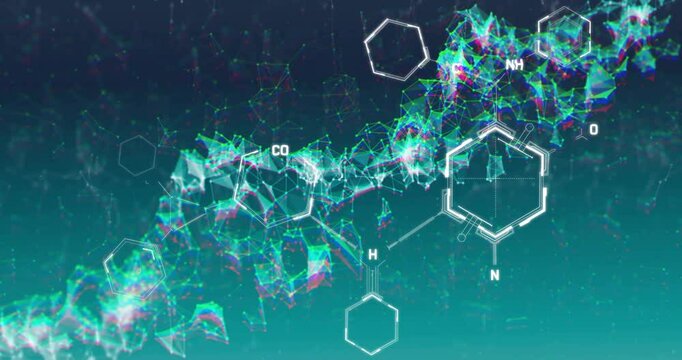 Animation of chemical formula over dna strand