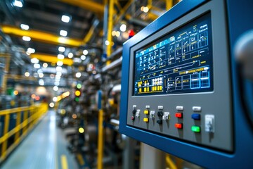 Naklejka premium Industrial Control Panel with Display and Buttons in a Factory Setting