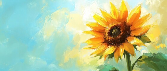 Obraz premium A Single Sunflower Facing the Sun in a Painted Landscape