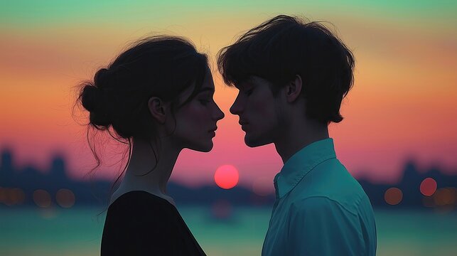 Silhouetted couple against romantic sunset background capturing love, connection, and serenity with a soft gradient of pastel colors creating dreamlike ambiance for designs and emotional storytelling