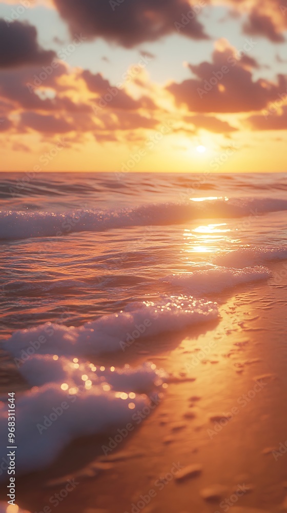 Wall mural Golden Sunset Over Ocean Waves on Sandy Beach