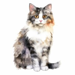 Fototapeta premium Watercolor Illustration of a Fluffy Cat with Golden Eyes | Cat Art for Pet Lovers