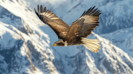 A majestic eagle soaring high above the mountains, with its wings fully extended.