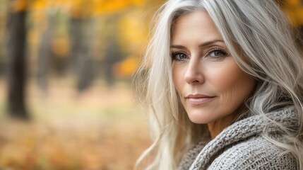 Naklejka premium Close-up Portrait of Thoughtful Woman with Long Gray Hair in Autumn Shades of Nature