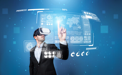 Skilled business man looking data analysis while planning strategy by using visual reality glasses....