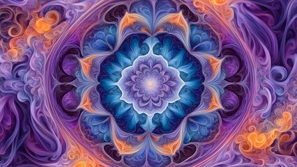 Abstract mandala with swirling colors and patterns in purple, blue, and orange.