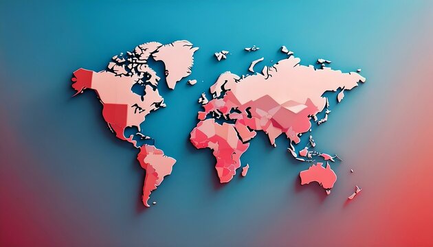 Minimalistic 3D world map on a soft blue and red gradient background