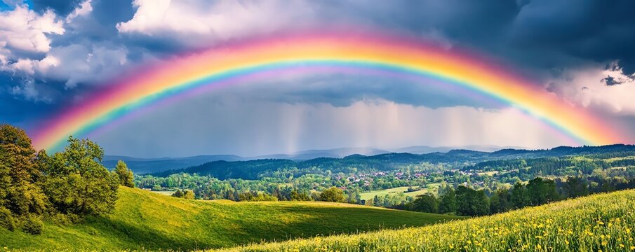 A stunning rainbow arches over lush green hills, illuminating the vibrant landscape beneath a dramatic sky.