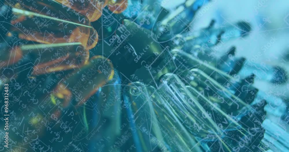 Poster animation of mathematical equations over test tubes in lab