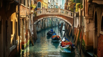 A narrow canal in Venice, with gondolas gliding through the water under arched bridges.