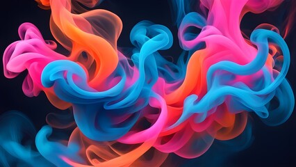 Abstract swirling shapes of vibrant blue, pink, and orange colors on a dark background.