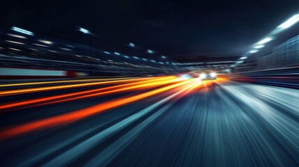 Fototapeta premium A night race on a brightly lit track, with headlights beaming through the dark and blurred motion.