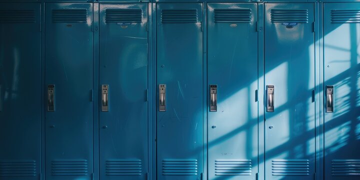Close up of closed blue lockers in a school