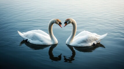 Naklejka premium A pair of swans forming a heart shape with their necks as they swim together on a peaceful lake.