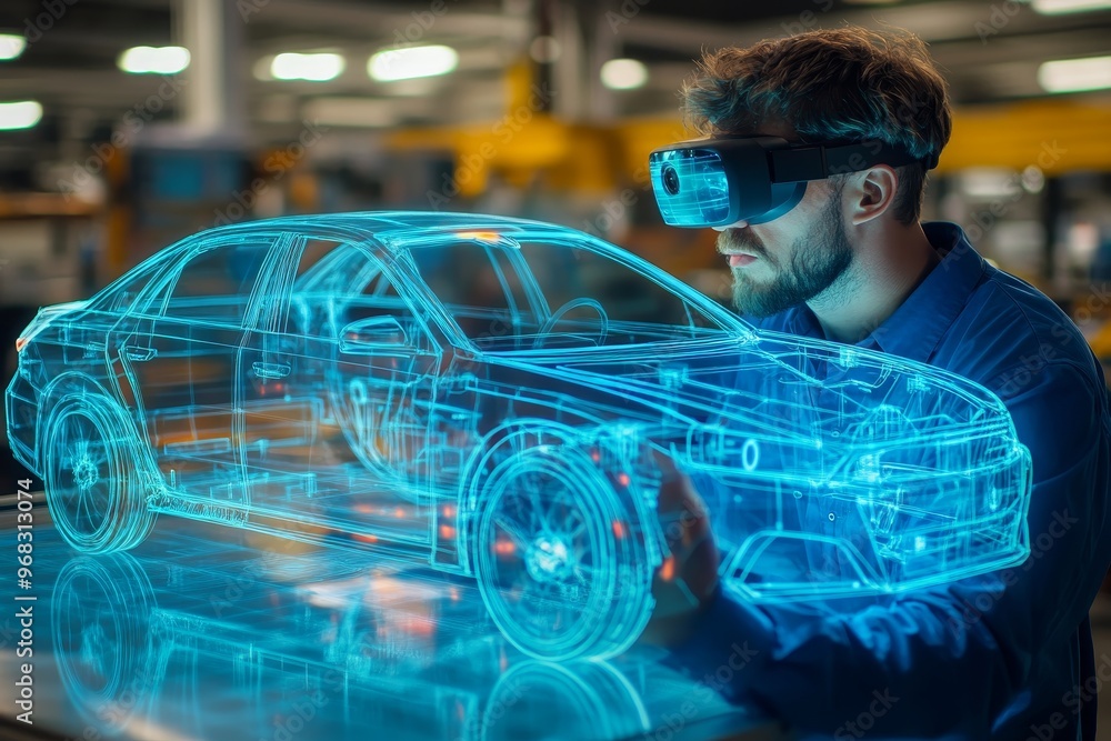 Poster innovative engineer designs holographic car wireframe using augmented reality technology in factory