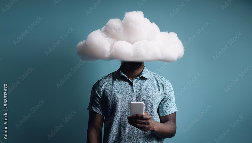 Poster a black man using a smartphone with a large cloud obscuring his head, symbolizing the concept of clo