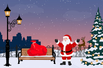 Winter city park with wooden bench. Urban garden landscape garlands on trees. Santa claus with reindeer at christmas 