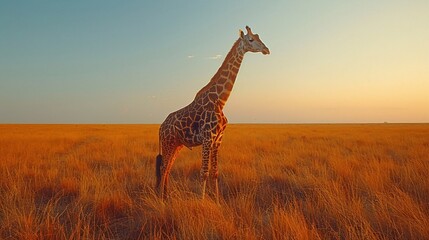 Obraz premium Lone Giraffe Standing Majestically in the Open Landscape at Sunset