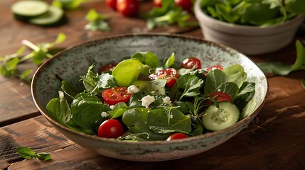 A vibrant farm to table salad with mixed greens, cherry tomatoes, cucumbers, and feta cheese served in a rustic bowl on a wooden table with fresh herbs for a healthy meal