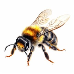 Detailed Watercolor Illustration of a Honey Bee with Translucent Wings and Yellow Stripes