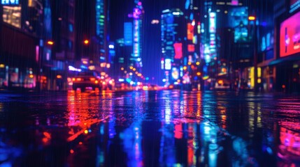 Obraz premium A rainy cityscape at night, with reflections of neon lights on the wet streets.
