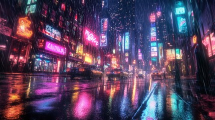 Obraz premium A rainy cityscape at night, with reflections of neon lights on the wet streets.