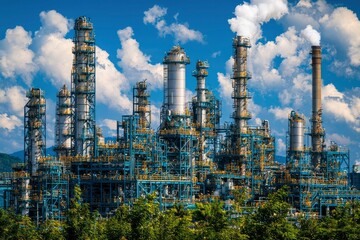 Fototapeta premium Industrial Complex with Tall Towers and Plumes of Smoke