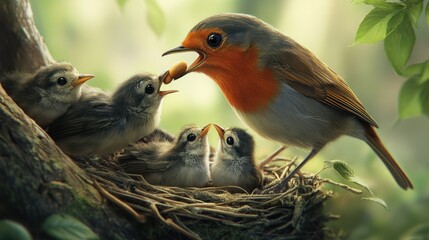 A robin feeding its chicks in a nest, with the young birds eagerly reaching up for food.