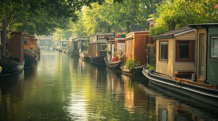 Obraz premium A row of houseboats moored along a tranquil canal, each with its unique charm.