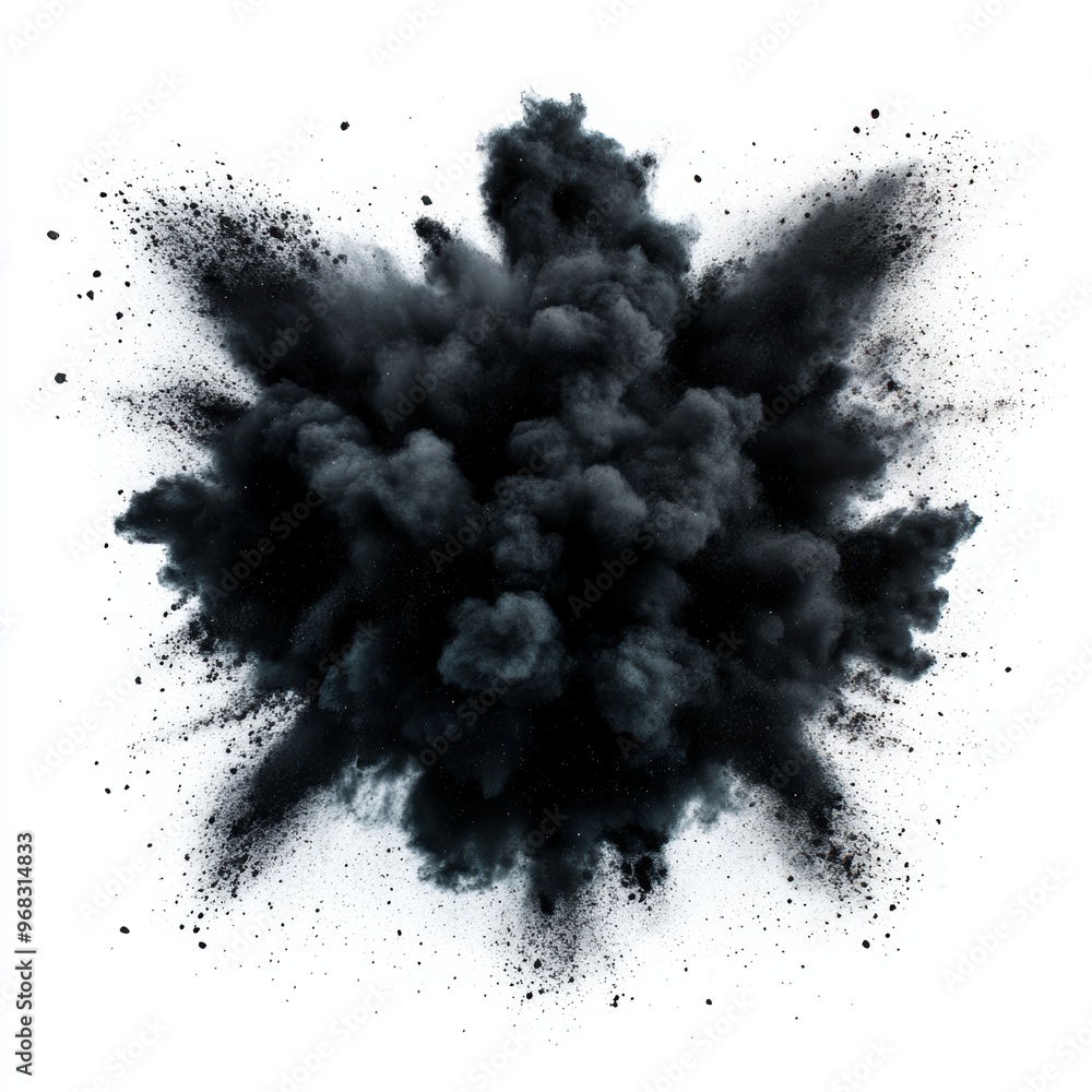 Poster a dramatic explosion of black powder creating an intense and powerful visual effect, perfect for art